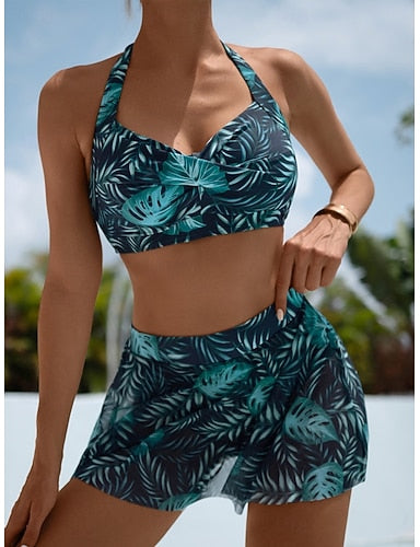 Swimwear Bikini 2 Piece Skirt Swimsuit Slim Backless Vacation Beach Wear Tropical Halter Neck Sleeveless Bathing Suits