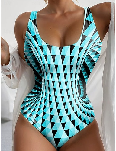 One Piece Swimsuit Slimming Colorblock Tummy Control Bathing Suits Geometric Vertical Stripe Print Scoop Neck Sleeveless Sporty S Black White Summer Beach Poolside