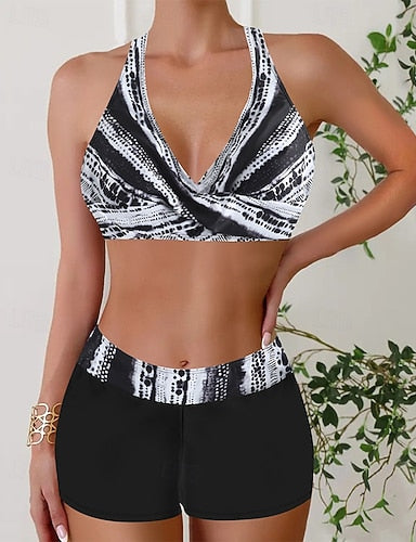 Swimwear 2 Piece Shorts Swimsuit Backless Vacation Beach Wear Geometic V Neck Sleeveless Bathing Suits