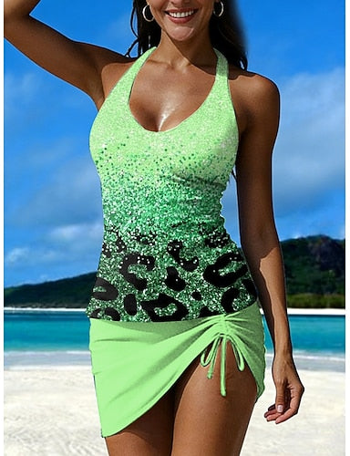 Swimwear Tankini Skirt Swimsuit Vacation Graphic Geometric Halter Neck Sleeveless Bathing Suits