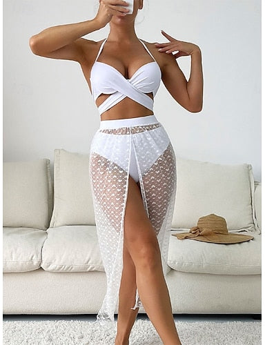 Bikini 2 Piece Swimsuit Skirt Slim Backless Vacation Beach Wear Color Halter Neck Sleeveless Bathing Suits