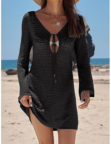 Swimwear Cover Up Swim Dress Dress Swimsuit Cutout Vacation Beach Wear Plain V Neck Long Sleeve Bathing Suits