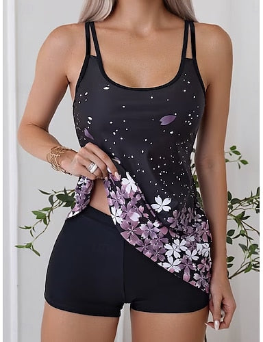 Swimwear Tankini 2 Piece High Waist Swimsuit Vacation Graphic Scoop Neck Sleeveless Bathing Suits