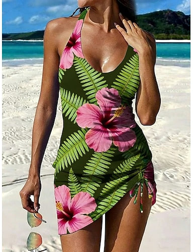 Swimwear Tankini 2 Piece Skirt Swimsuit Drawstring Halter Vacation Leaves Scoop Neck Sleeveless Bathing Suits