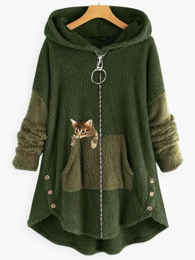 Manteau polaire à capuche avec panneaux colorblock et poche brodée d'un chaton