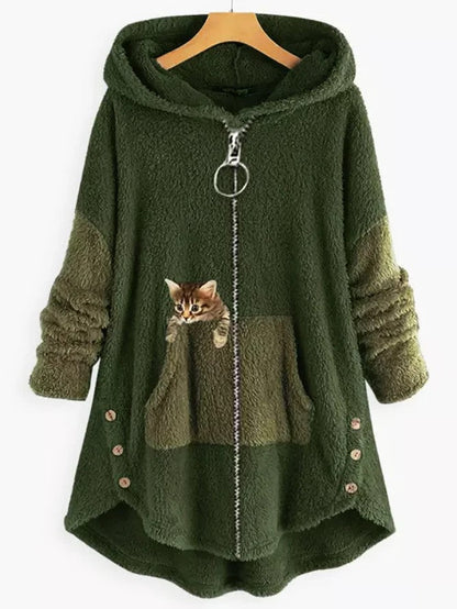 Manteau polaire à capuche avec panneaux colorblock et poche brodée d'un chaton
