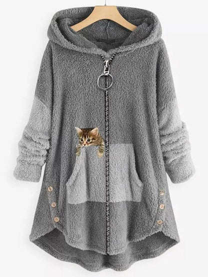 Manteau polaire à capuche avec panneaux colorblock et poche brodée d'un chaton