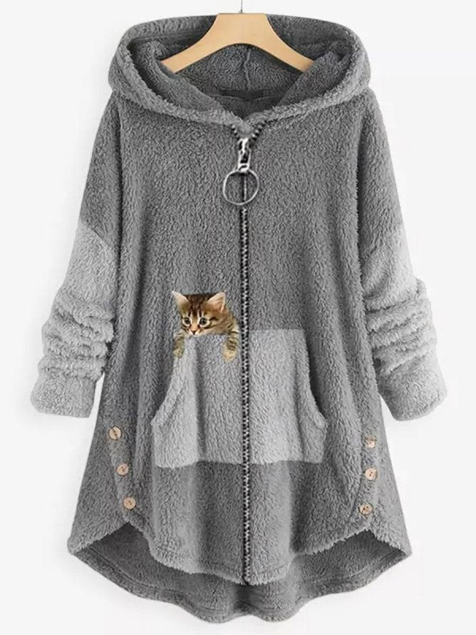 Manteau polaire à capuche avec panneaux colorblock et poche brodée d'un chaton