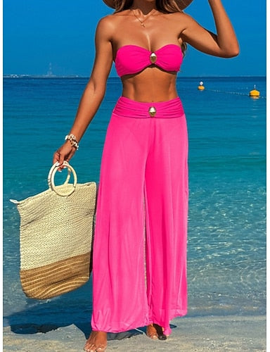Swimwear Three Piece Pant Swimsuit Ruched Backless Vacation Beach Wear Plain Strapless Sleeveless Bathing Suits