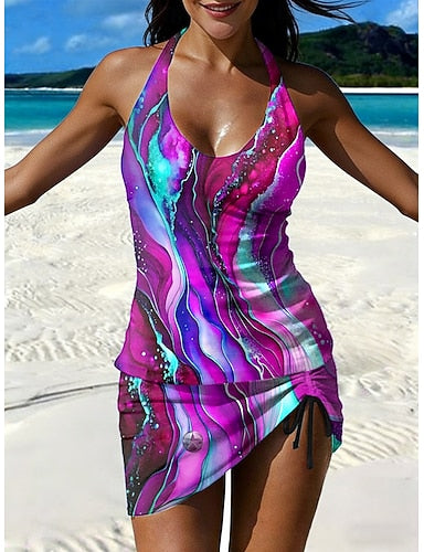 Swimwear Tankini Skirt Swimsuit Vacation Graphic Geometric Halter Neck Sleeveless Bathing Suits