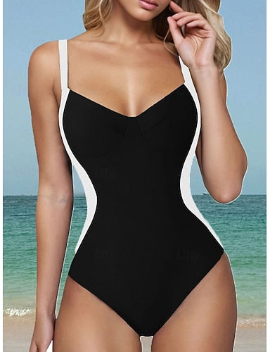 One Piece Swimsuit Slimming Colorblock Monokini Briefs Tummy Control High Waist Slim Backless Vacation Color Block V Neck Sleeveless Bathing Suits