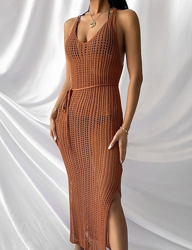 Swimwear Cover Up Dress Swimsuit Cut Out Vacation Beach Wear Plain V Neck Sleeveless Bathing Suits