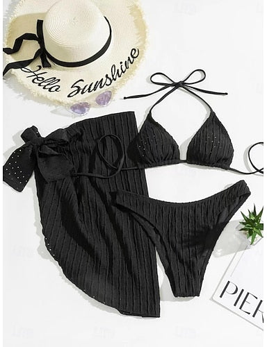 Swimwear Bikini Three Piece Skirt Swimsuit Slim Backless Vacation Beach Wear Color Halter Neck Sleeveless Bathing Suits