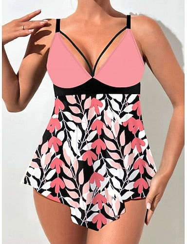 Tankini 2 Piece Swimsuit Cheeky Tummy Control High Waist Slim Backless Vacation Beach Wear Graphic Color Block V Neck Sleeveless Bathing Suits
