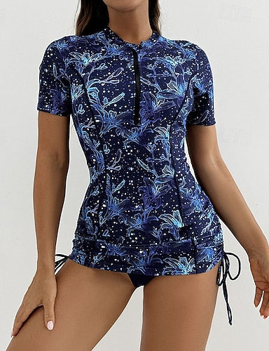 Swimwear 2 Piece Shorts Swimsuit Zipper Vacation Beach Wear Graphic Round Neck Short Sleeves Bathing Suits