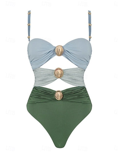 One Piece Swimsuit Ruched Cutout Underwire Monokini Tummy Control High Waist Slim Backless Vacation Beach Wear Color Block V Neck Sleeveless Bathing Suits