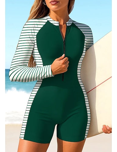 Rash Guard One Piece Surfing Suit Bathing Suit Geometric Stripes Color-blocking Zip Up With Built in Bra Removable Pad Uv Sun Protection Upf50+ Ultra Light (ul) Long Sleeve Swimwear Sun Shirt