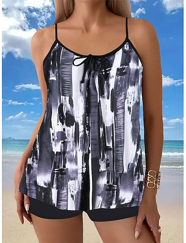 Tankini 2 Piece Swimsuit Shorts Tummy Control High Waist Slim Backless Vacation Beach Wear Ombre Scoop Neck Sleeveless Bathing Suits