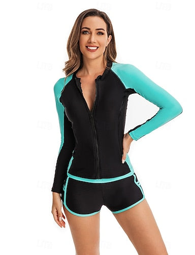 Rash Guard Swimsuit Patchwork Printed 2 Piece Front Zip Spandex Uv Sun Protection Upf50+ Quick Dry Long Sleeve Swimwear Swimsuit Surfing Beach Water Sports Summer
