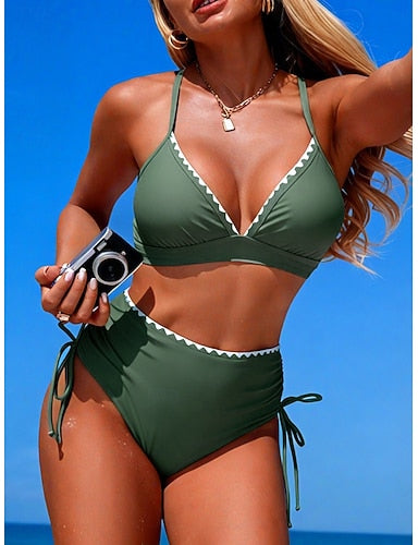 Swimwear Bikini 2 Piece High Waist Swimsuit Slim Backless Vacation Beach Wear Color V Neck Sleeveless Bathing Suits