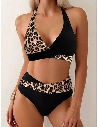 Swimwear Bikini 2 Piece High Waist Swimsuit Ruched Backless Vacation Beach Wear Leopard Color Block Halter Neck Sleeveless Bathing Suits