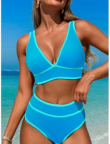 Bikini 2 Piece Swimsuit Colorblock Cheeky Tummy Control High Waist Slim Backless Vacation Beach Wear Stripe V Neck Sleeveless Bathing Suits