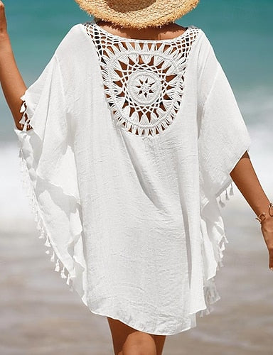Swimwear Cover Up Swim Dress Swimsuit Crochet Vacation Beach Wear Color Round Neck Short Sleeves Bathing Suits