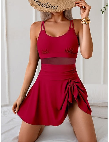 Swimwear One Piece Monokini Swim Dress Swimsuit Patchwork Mesh Slim Backless Vacation Color Scoop Neck Sleeveless Bathing Suits
