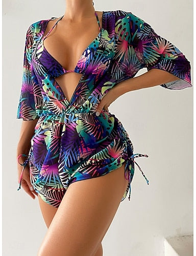 Bikini 3 Piece Swimsuit Palm Cheeky Slim Backless Vacation Beach Wear Color Block V Neck Sleeveless Long Sleeve Bathing Suits