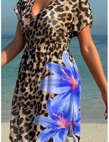Swimwear One Piece Monokini Swimsuit Tummy Control High Waist Slim Backless Vacation Beach Wear Leopard V Neck Sleeveless Short Sleeves Bathing Suits