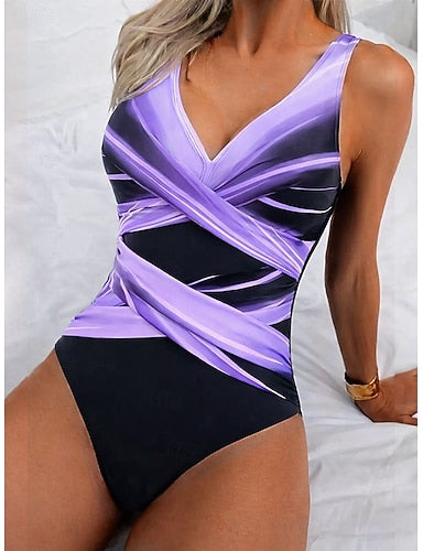 One Piece Swimsuit Slimming Ruched Monokini Briefs Tummy Control High Waist Slim Vacation Ombre Graphic V Neck Sleeveless Bathing Suits
