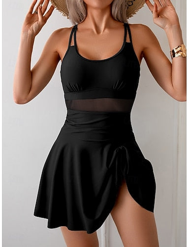Swimwear One Piece Monokini Swim Dress Swimsuit Patchwork Mesh Slim Backless Vacation Color Scoop Neck Sleeveless Bathing Suits