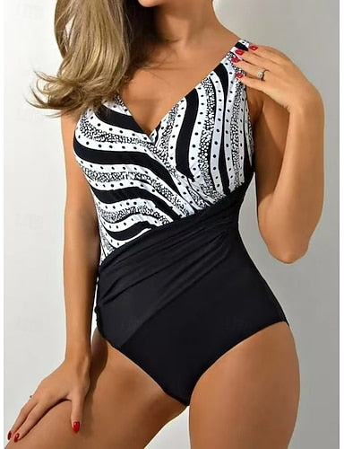 Swimwear One Piece Monokini Swimsuit Tummy Control High Waist Slim Backless Vacation Color Block Stripe V Neck Sleeveless Bathing Suits