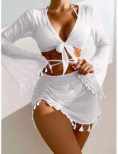 Bikini Swimsuit With Skirt Cheeky Slim Backless Vacation Beach Wear Color V Neck Long Sleeve Bathing Suits