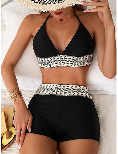 Swimwear Bikini 2 Piece Shorts Swimsuit Slim Backless Vacation Beach Wear Geometric V Neck Sleeveless Bathing Suits