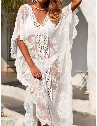 Swimwear Cover Up Swimsuit Lace Vacation Beach Wear Color V Neck Long Sleeve Bathing Suits