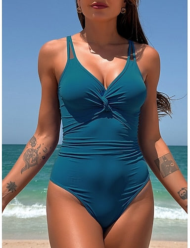 One Piece Swimsuit Ruched Colorblock Monokini Tummy Control High Waist Slim Backless Vacation Beach Wear Color V Neck Sleeveless Bathing Suits