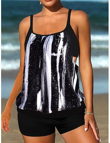 Tankini 2 Piece Swimsuit High Waist Tummy Control High Waist Slim Backless Vacation Beach Wear Graphic U Neck Sleeveless Bathing Suits