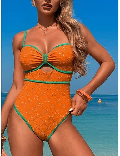 One Piece Swimsuit Cutout Monokini High Cut Tummy Control High Waist Slim Backless Vacation Beach Wear Graphic V Neck Sleeveless Bathing Suits