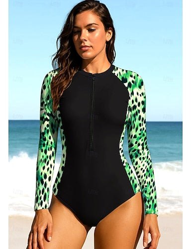 Rash Guard Dive Skin Suit Bathing Suit Swimsuit Set Leopard Zip Up Upf50+ Quick Dry Lightweight Long Sleeve Swim Shirt Surfing Beach Water Sports Summer