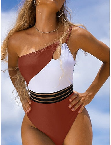 Swimwear One Piece Monokini Swimsuit Mesh Tummy Control High Waist Slim Backless Vacation Beach Wear Color Block Sleeveless Bathing Suits