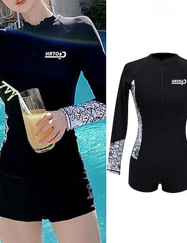 Surfing Suit One Piece Swimsuits Graphic Color-blocking Uv Sun Protection Quick Dry Long Sleeve Swimwear Beach Water Sports Swimming Spring