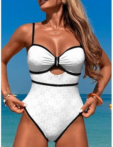One Piece Swimsuit Cutout Monokini High Cut Tummy Control High Waist Slim Backless Vacation Beach Wear Graphic V Neck Sleeveless Bathing Suits