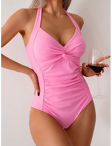 One Piece Swimsuit Slimming Ruched Monokini Tummy Control High Waist Slim Backless Vacation Beach Wear Color Halter Neck Sleeveless Bathing Suits