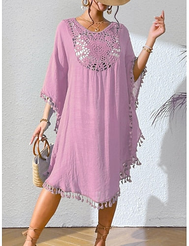 Cover Up Swimsuit Dress Lace Patchwork Fringe Vacation Beach Wear Color Round Neck Long Sleeve Bathing Suits