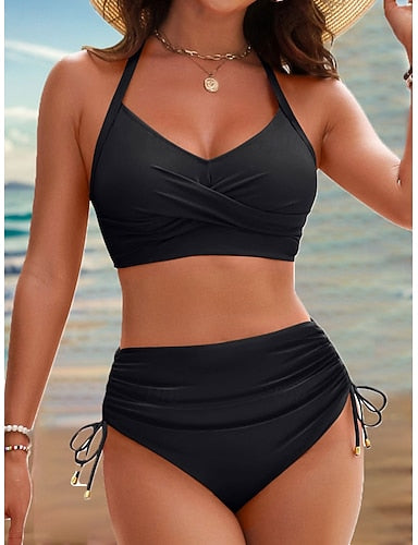 Bikini 2 Piece Swimsuit Ruched Cheeky Tummy Control High Waist Slim Backless Vacation Beach Wear Color V Neck Sleeveless Bathing Suits