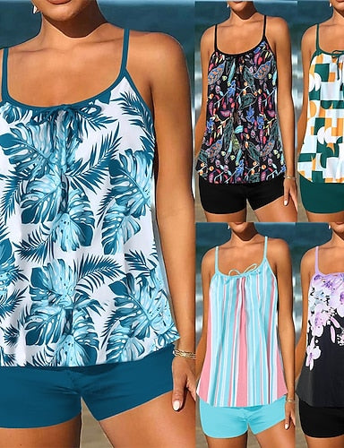 Tankini Two Piece Swimsuit Swimwear Swimwear Black Blue Breathable Quick Dry Lightweight Sleeveless - Swimming Surfing Beach Summer Spring