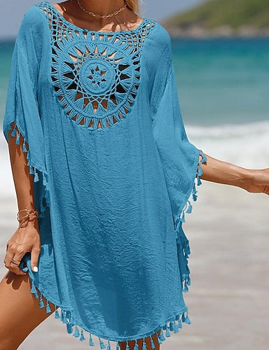 Swimwear Cover Up Swim Dress Swimsuit Crochet Vacation Beach Wear Color Round Neck Short Sleeves Bathing Suits