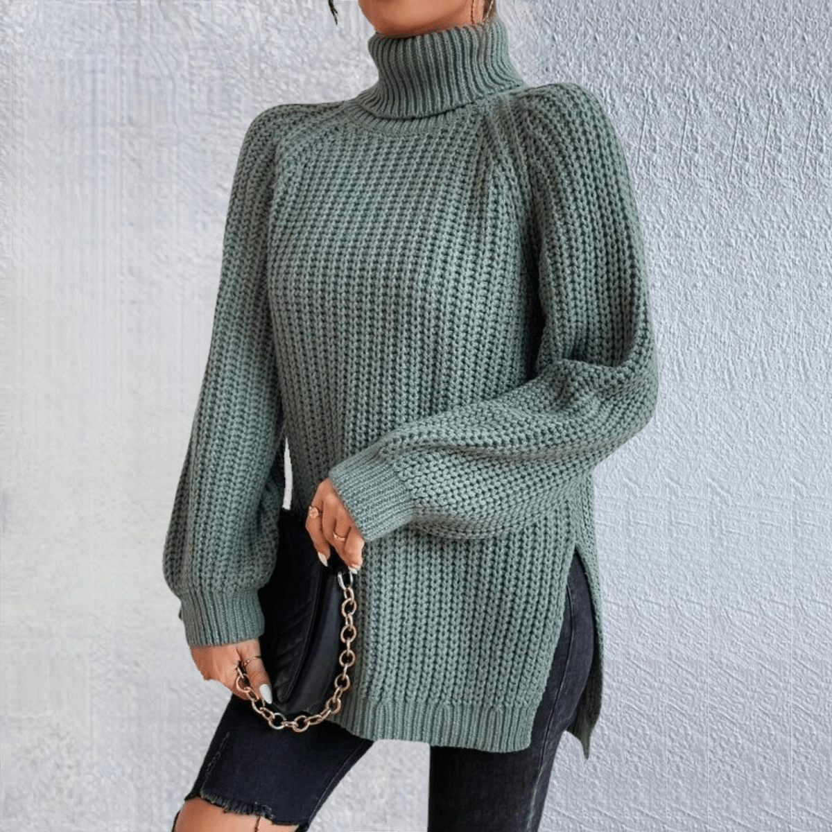 EP | Pull à col roulé vert à la mode