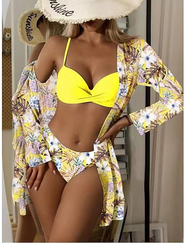 Swimwear Bikini Three Piece Cheeky Swimsuit Slim Backless Vacation Beach Wear Leaves Halter Neck Sleeveless Bathing Suits